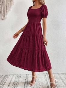 Women's Summer Casual Midi Dress, Square Neck, Short Sleeve, Shirred Waist, A-Line Silhouette, Floral, Elegant Flowy Boho Dress - Màu Đỏ Sâu - Xem 5