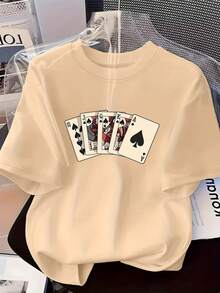 % Cotton Women's Fashion Printed-Shirt, Soft And Versatile, Poker Card Print With Unique A To 10 Of Spades Design, Short Sleeve-Shirt, Suitable Casual Wear, Fashionable All-Season Top, Softstyle Casual Tee, Short Sleeve Party And Casual Wear - 紅色 - 查看 8