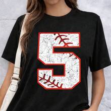 Women's 100% Cotton Vintage Baseball Number Graphic Tee Casual Sporty Street Style Soft T-Shirt - 黑色5 - 查看 3