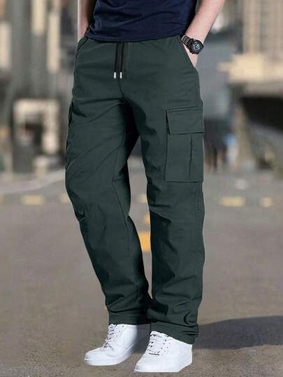 1pc Men's Outdoor Solid Color Cargo Pants, Multi-Pocket Hiking Trousers, Suitable For Summer Beach, Daily Commute, Running, Fitness, Casual Sports Pants, Straight Leg Spring
