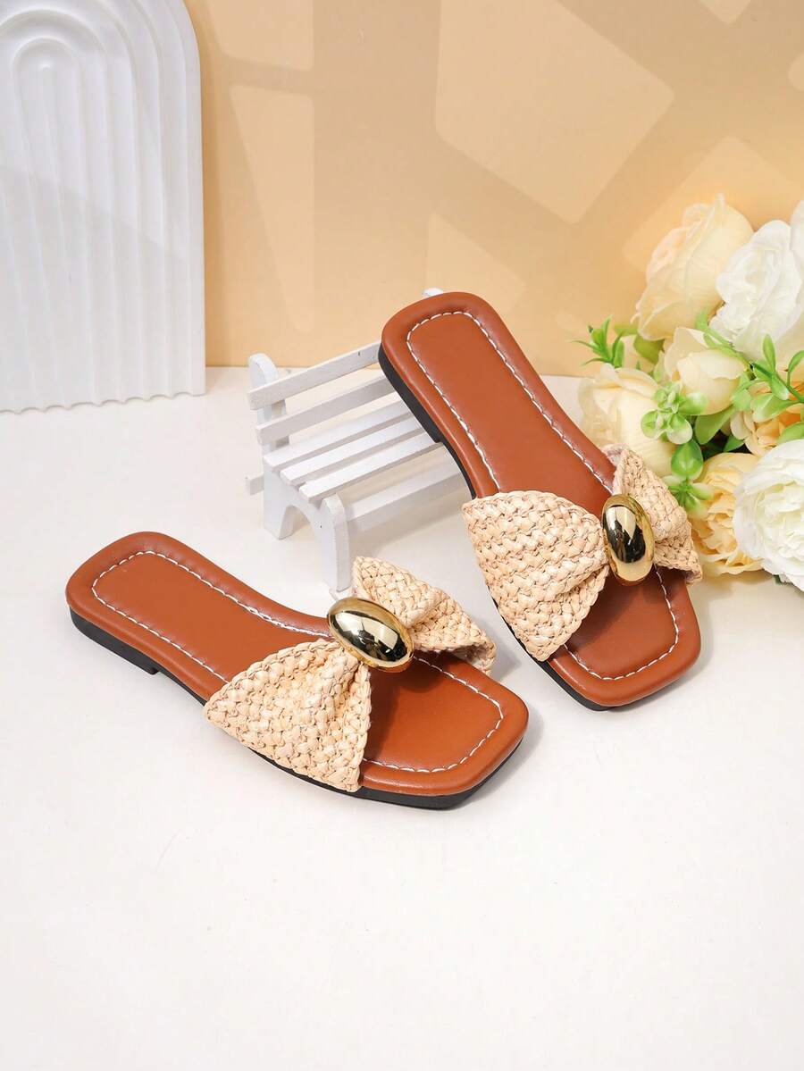 Girls' White Woven Strap Metal Buckle Sandals, Sweet Open Toe Casual Summer Children Shoes - Brown - View 1