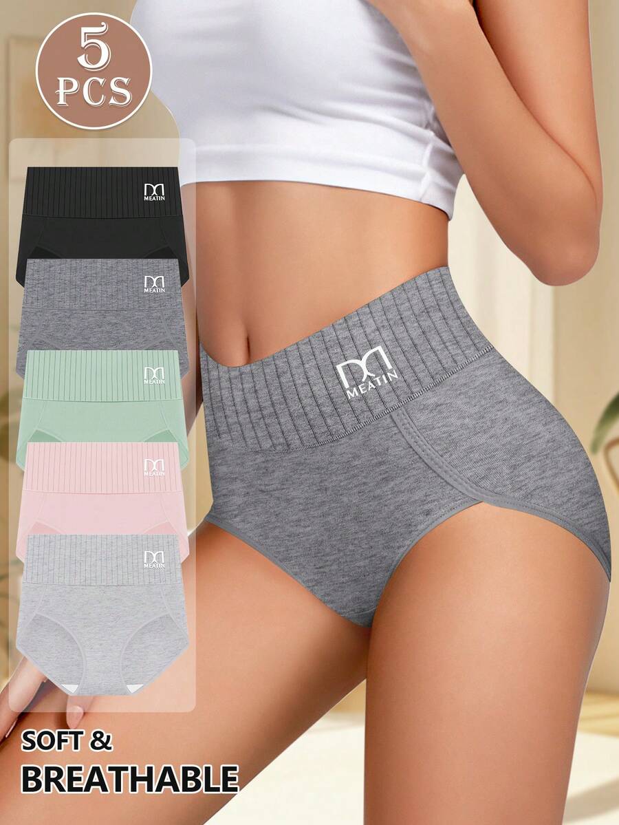 5 chiếc/gói quần lót nữ cạp trung/cao, thoải mái, mềm mại, kẻ sọc.