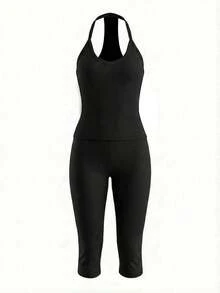 LovelyWholesale Women's Casual V-Neck Ribbed Knit Tank Top And Fitted 7/8 Pants 2 Pieces Set, Summer Black - Baby Blue - View 11