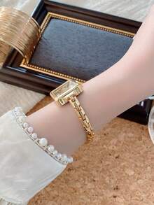 1pc Minimalist Thin Strap Watch, Fashion Elegant Gold Chain Style Wristwatch For Women, Suitable For Daily Decoration - Gold - View 5