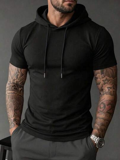 Men's Lightweight Black Short Sleeve Hooded T-Shirt T-Shirt, Casual Sports Fitness Top For Summer