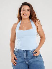 Women's Halter Cropped Top With Halter Neck And Open Back - Summer - Baby Blue - View 2