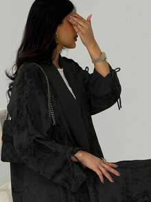 1pc Elegant Tie-Waist Casual Split Cuff Batik Print Abaya, Arabian Dubai Fashion Saudi Open Cardigan Robe Shawl, Suitable For Daily Wear And Gatherings Spring Black - Black - View 4