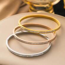 1 pièce Bracelet en acier inoxydable incrusté de strass pour femmes, bracelet polyvalent étincelant - Or rose - Voir 9