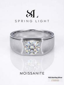 1枚1克拉莫桑石钻石S925纯银简约男士结婚戒指，适合订婚、男友周年纪念、新郎礼物，精致珠宝 - 銀色 - 查看 1