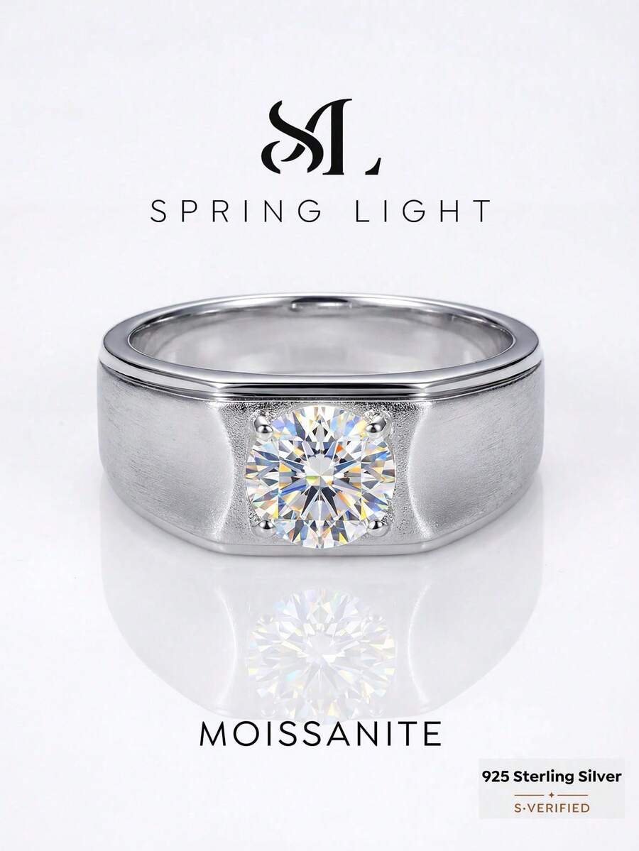 1枚1克拉莫桑石钻石S925纯银简约男士结婚戒指，适合订婚、男友周年纪念、新郎礼物，精致珠宝 - 銀色 - 查看 1