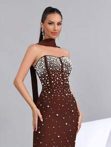 Beaded Decor Slit Bandeau Bridesmaid Dress, Holiday Party Bandage Dress - Coffee Brown - View 2