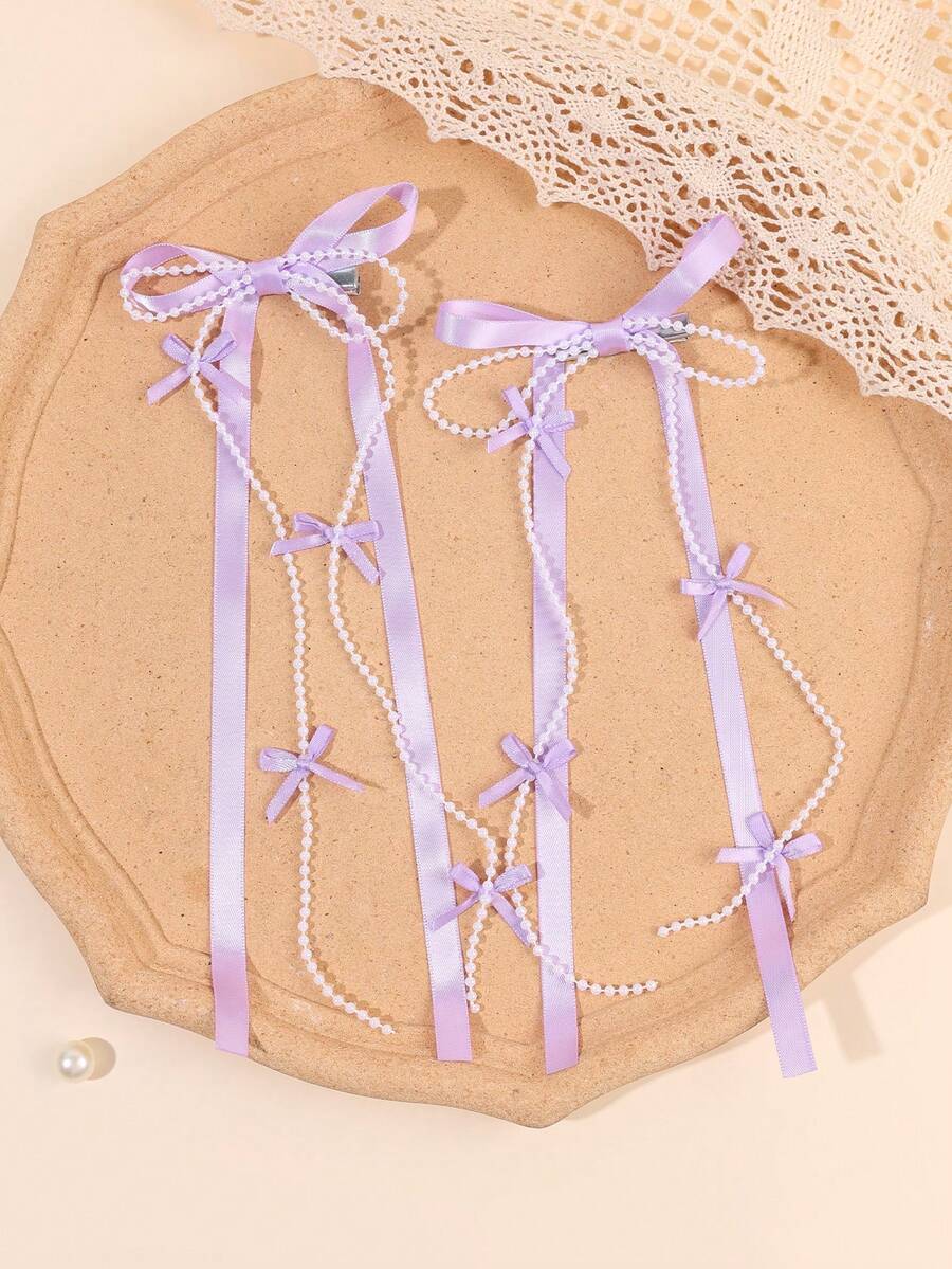 2 pièces Nœuds de cheveux violets avec chaîne de perles pour femmes. Pinces alligator élégantes pour mariage/vacances. Cadeau de fête des mères. Barrettes délicates pour épingles à cheveux quotidiennes. Accessoires de cheveux pour femmes, festivals, fêtes - Violet - Voir 1