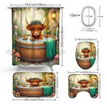 1 pieza/4 piezas Conjunto de cortina de ducha multifuncional con diseño de vaca de las tierras altas para acuario, incluye 12 ganchos gratis, crea un ambiente elegante y festivo, alfombra de baño, alfombra en forma de U para el piso y alfombra redonda para el inodoro, adecuado para todo tipo de baños - Bañera Vaca de las Tierras Altas 2 - Ver 3