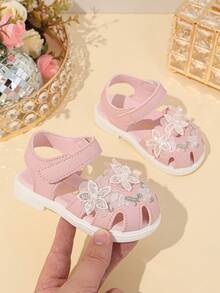 1 Paar Neugeborene PU Leder bestickte Blumen rutschfeste weiche Sohle bequeme modische klassische koreanische & europäische Stil Baby Sandalen/Vorläufer Schuhe, geeignet für Sommertragen - Pink - Übersicht 8