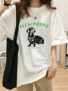 女士宽松圆领短袖T恤，涂鸦字母，卡通腊肠犬印花，春夏款 - 白色 - 查看 5