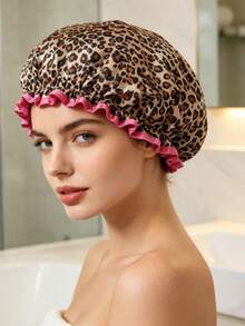 1pc Leopard Print Double-Layer Satin Sleep Cap, Suitable For Curly And Straight Hair,Summer,Beach,Hat - Multicolor - View 6