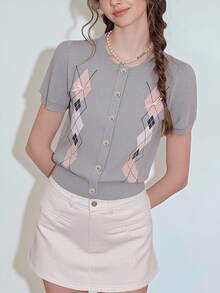 Áo khoác cardigan nữ tay ngắn cổ tròn, kiểu dáng thường ngày, dễ thương, thiết kế hình thoi, thắt nơ, thích hợp cho mùa hè. - Màu Xám nhạt - Xem 4