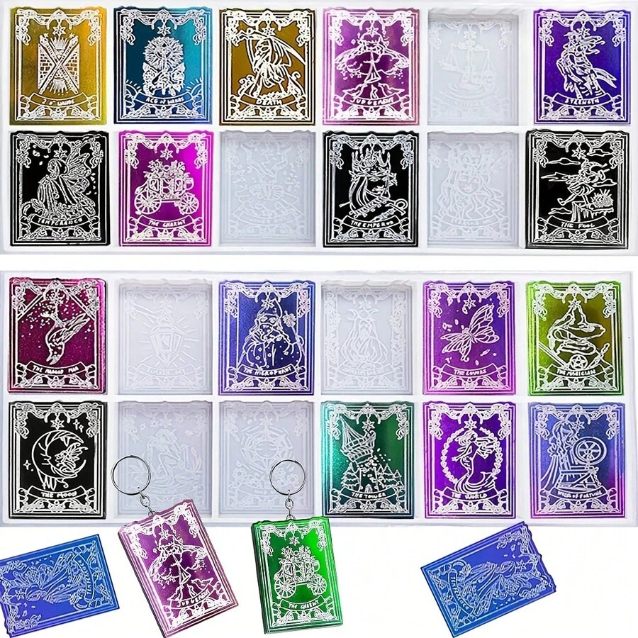 Khuôn nhựa Epoxy hình lá bài Tarot (2 cái) để tự làm đồ thủ công bằng nhựa, khuôn silicon đúc hình lá bài Tarot dùng làm mặt dây chuyền, móc khóa, trang sức nhựa, khuôn trò chơi bài Tarot - 24 ô