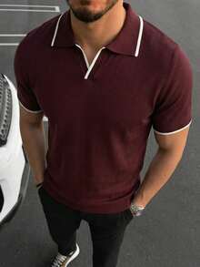 男士撞色滚边海鸥领针织短袖 Polo 衫，休闲修身日常上衣 - 酒紅色 - 查看 2