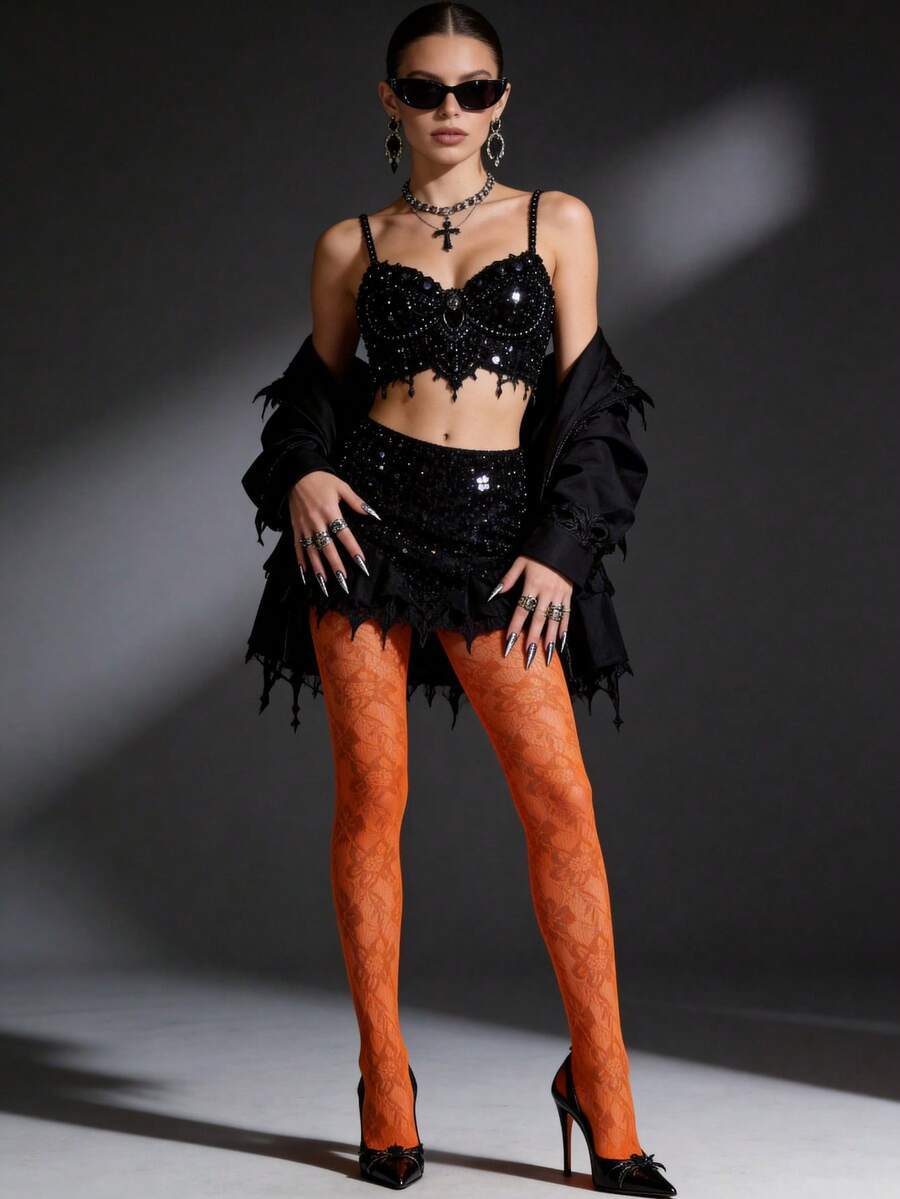 1 chiếc tất lưới xuyên thấu họa tiết hoa jacquard gợi cảm dành cho nữ, kiểu dáng Gothic mỏng, đa năng cho mùa xuân/hè, phù hợp cho Halloween, đi làm, hẹn hò, tiệc tùng. - trái cam - Xem 1