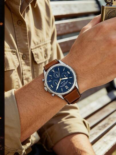 Fossil Men's Blue Dial Chronograph Watch Premium Brown Leather Strap Stainless Steel Quartz Wristwatch Sophisticated Aviator Style Elevates Smart Casual Outfits For Business Meetings Evening Banquets City Commute Ideal Valentine's Day Wedding Anniversary Gift For Boyfriend Husband