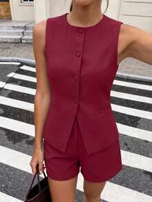Women's Two-Piece Summer Commute Fashion Button-Up Blazer Tank Top High-Waisted Shorts Business Casual - Bourgogne - Visa 5