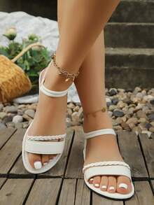 Teenager New Woven Strap Back Strap Flat Sandals Beach Sandals Minimalist Fashion Vacation Style Daily Wear Beige Flat Sandals White Flat Sandals Black Flat Sandals - White - View 4