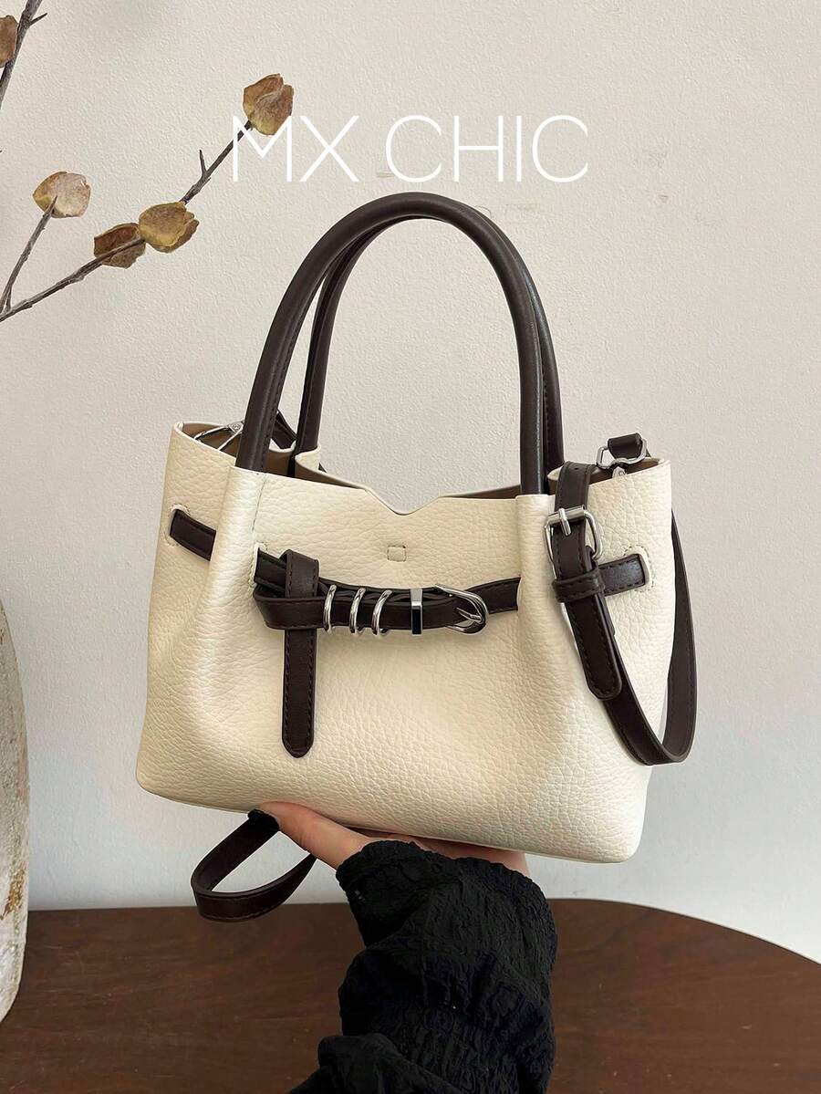 1pc Women's Solid Color Bucket Bag, Fashionable Retro PU Twist Lock Handbag With Cherry Pendant, Suitable For Commuting, Shopping, And Gift - Beige - View 1