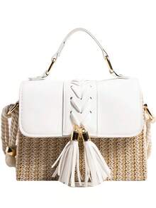 Designer Bags Women Straw Woven Tassel Box Purse, Contrast Color Patchwork Flap Beach Bag, Lightweight Rope Shoulder Strap, Summer Vacation Travel Daily Casual Versatile Handbag - White - View 7