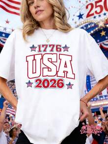 1pscBohemian Style USA 250Th Anniversary Commemorative T-Shirt - July 4Th, 2026, Halfway To The 500Th Anniversary Celebration Edition, Themed Top For The 250Th Anniversary, Purely Casual And Comfortable Retro Patriotic Shirt, Perfect For All Seasonssoftcotton,Mother's Day & Nurse Day Gift,World Cup Clothing,Soccer Ball Print,Independence Day Casual Top,Soft Lightweight Top, Easy To Match All Outfit. - trắng - Xem 1