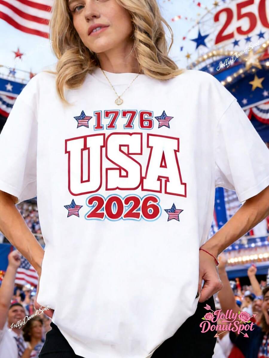 1pscBohemian Style USA 250Th Anniversary Commemorative T-Shirt - July 4Th, 2026, Halfway To The 500Th Anniversary Celebration Edition, Themed Top For The 250Th Anniversary, Purely Casual And Comfortable Retro Patriotic Shirt, Perfect For All Seasonssoftcotton,Mother's Day & Nurse Day Gift,World Cup Clothing,Soccer Ball Print,Independence Day Casual Top,Soft Lightweight Top, Easy To Match All Outfit. - trắng - Xem 1