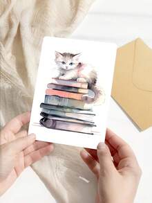 Bộ 4 thiệp chúc mừng sinh nhật hình mèo dễ thương kèm phong bì, họa tiết mèo con vẽ màu nước, nhiều kiểu dáng khác nhau, bên trong để trống. - Xem 4