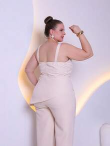 Women's Plus Size Tailored Set Consisting Of A Blouse And Wide-Leg Trousers C3090-2 - 米色 - 查看 4