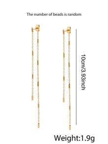 par de pendientes de acero inoxidable para mujer, colgante de borla larga con cadena y elementos rectangulares, estilo minimalista de lujo, adecuado para elííy atuendos de cita. - Pendiente - Ver 2