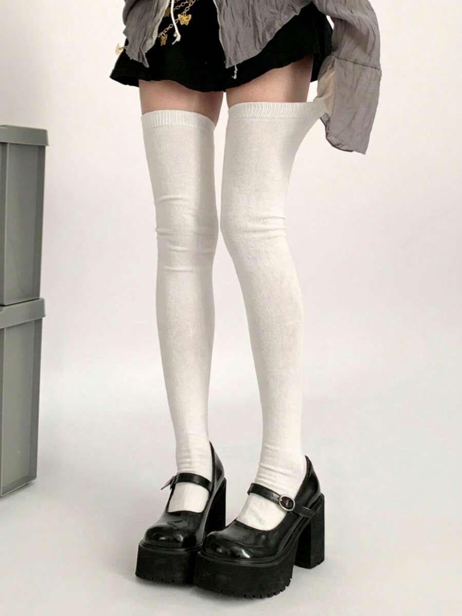 Solid Color Warm Over-The-Knee Socks, Autumn/Winter - White - View 1