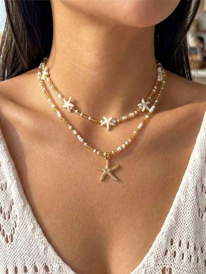 2pcs Bohemian Chic Starfish & Bead Necklace Set, Versatile Choker Necklace, Suitable For Multiple Occasions, Great Gift Choice