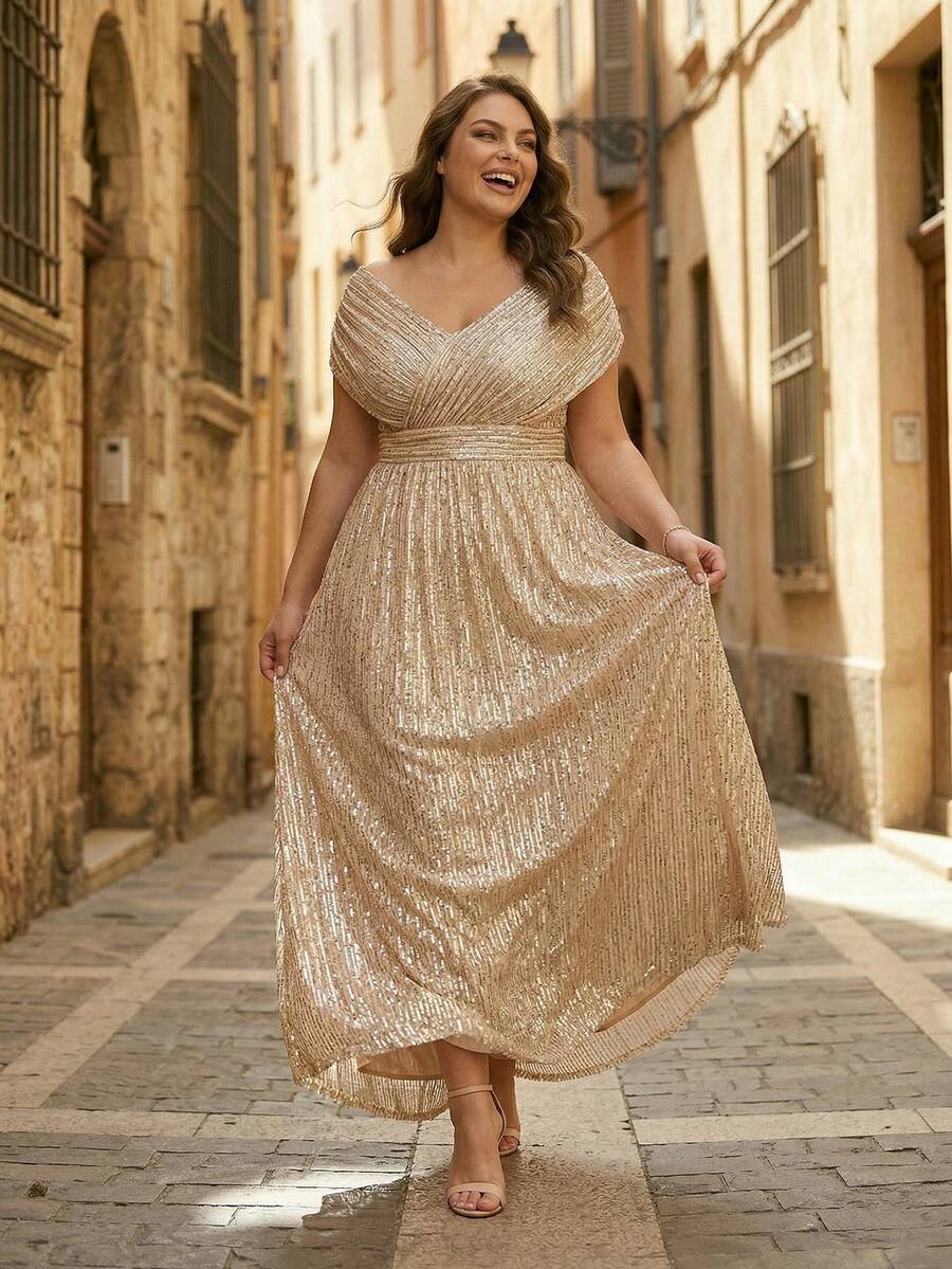 YISIKADO Plus Size Women Sequin V-Neck Evening Party Dress, Elegant Formal Prom Gown, For Wedding Guest, Graduation, Dinner - Champagne - View 1