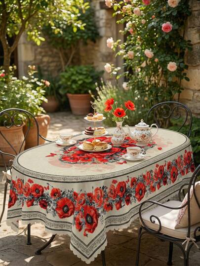 1 Piece Watercolor Red Poppy Flower Print Round & Rectangle Tablecloth, Vibrant Vintage Floral Border Style Premium Polyester Waterproof Stain Resistant Oil-Proof Dust-Proof Washable Reusable Spring Summer Tablecloth For Home Decor, Kitchen Wedding, Wedding Table, Centrepiece Room Decor, Vintage Decor, Spring Summer Garden Tea Party, Outdoor Patio Picnic, Holiday Gathering, Family BBQ, Balcony Sunroom Dining Room Decor