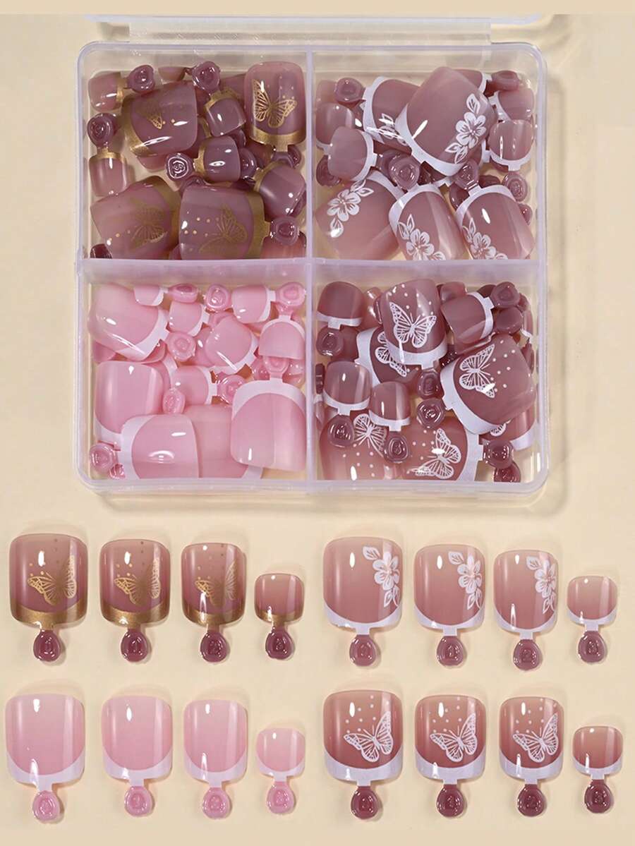 96片/盒 4色法式穿戴式腳趾甲片 12種尺寸全覆蓋方形短款假腳趾甲 花朵蝴蝶圖案 夏季美甲套組 適用節慶、派對、約會與日常配戴 - 彩色 - 查看 1