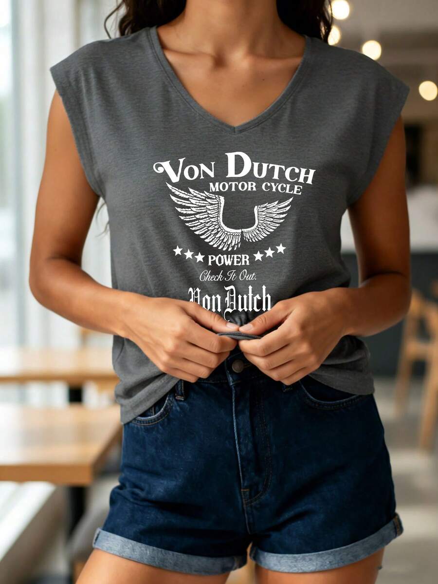 Women's Casual Summer V-Neck Vest | Von D Motor Cycle Power | Perfect For Daily Wear, Outdoor Leisure, Loungewear, Back-To-School Season, Mother's Day & More Summer Occasions  | Daily Gift. - Xám - Xem 1