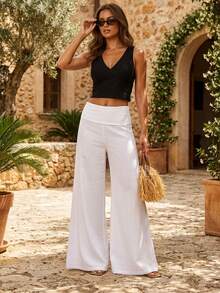 Dancing Leopard White Over Wide Leg Trouser, Trousers For Women, Wide Leg Trousers Women, Summer Outfits For Women, Smart Casual Outfit, Holiday Outfits - White - View 1