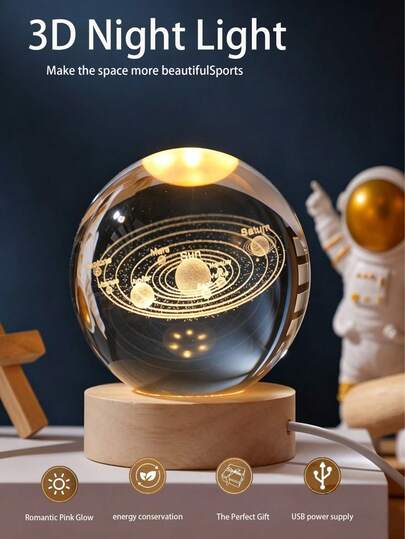 3D Solar System Crystal Ball Night Light And 3D Laser Engraved Glass Ball USB Powered Warm Light Wooden Base Desk Lamp, Suitable For Living Room, Bedroom, Office Desk And Dining Table Decor. Also Can Be Given As Birthday Or Graduation Gift To Friends, Or Used As Bedside Decoration Lamp.