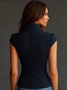 Women's Navy Blue Pinstripe Short Sleeve Blouse, Professional Office Commute Casual Shirt Summer - 藏蓝色 - 查看 3