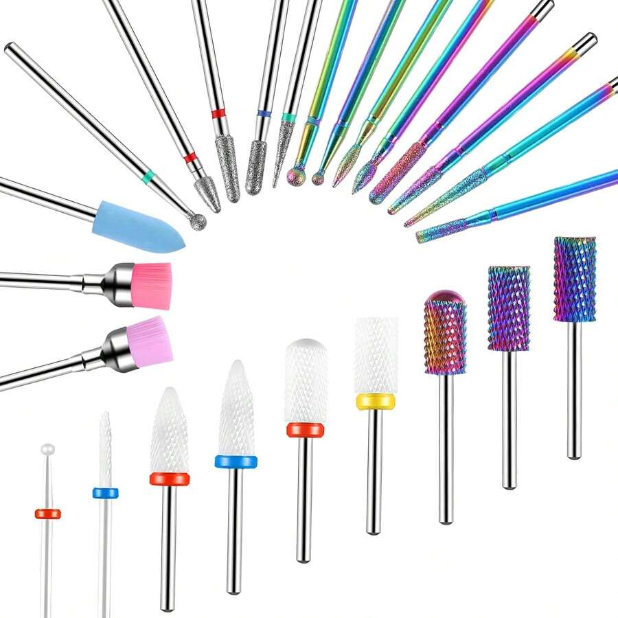 Bộ 25 mũi khoan móng tay, mũi khoan móng tay hợp kim cứng vonfram gốm kim cương 3/32", thích hợp cho việc đánh bóng gel acrylic, loại bỏ lớp biểu bì, làm móng tay và móng chân. - Màu be - Xem 1