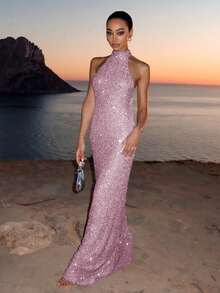 闪亮优雅露背亮片拼接连衣裙，时尚浪漫派对礼服，适合海滩、婚礼、生日、周年纪念、毕业典礼、假日、正式晚宴、家庭聚会、音乐节、舞会、婚礼宾客、返校、鸡尾酒会、秋季粉色系春季等场合。 - 粉色 - 查看 5