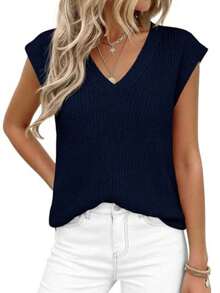 Women's Knit Sweaters Vest Lightweight Spring Cap Sleeve V Neck Tank Tops Summer Going Out Outfits - 藏蓝色 - 查看 2