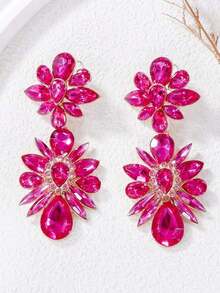Juran 1 Pair Exaggerated Crystal Flower Pendant Earrings, Jewelry Gift For Women Wedding, Date, Party - Hot Pink - View 4