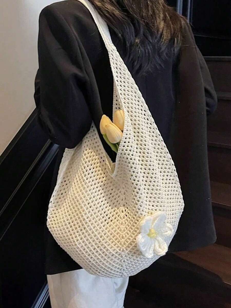 1件装女士时尚单肩包，小众镂空编织设计手提包，大容量休闲多功能单肩/腋下包，大容量镂空编织包，度假手提多功能单肩沙滩包
