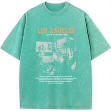 Oversized Graphic Tshirts For Men Acid Wash Los Angeles Vintage Tees Streetwear Baggy Cotton Shirts Casual Topswinter Clothes For Women - 薄荷綠 - 查看 1