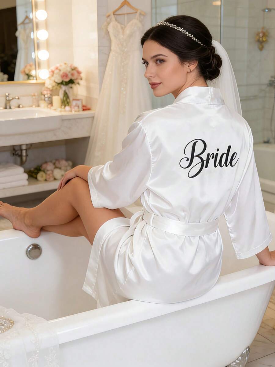 Jubah Pengantin Satin Putih Sentuhan Sejuk Musim Panas, Jubah Pesta Pengantin Ringan dan Bernapas dengan Motif Cetak, Pakaian Persiapan Pernikahan Bulan Madu, Pesta Lajang dan Pakaian Santai Sehari-hari - Pengantin Putih - View 1